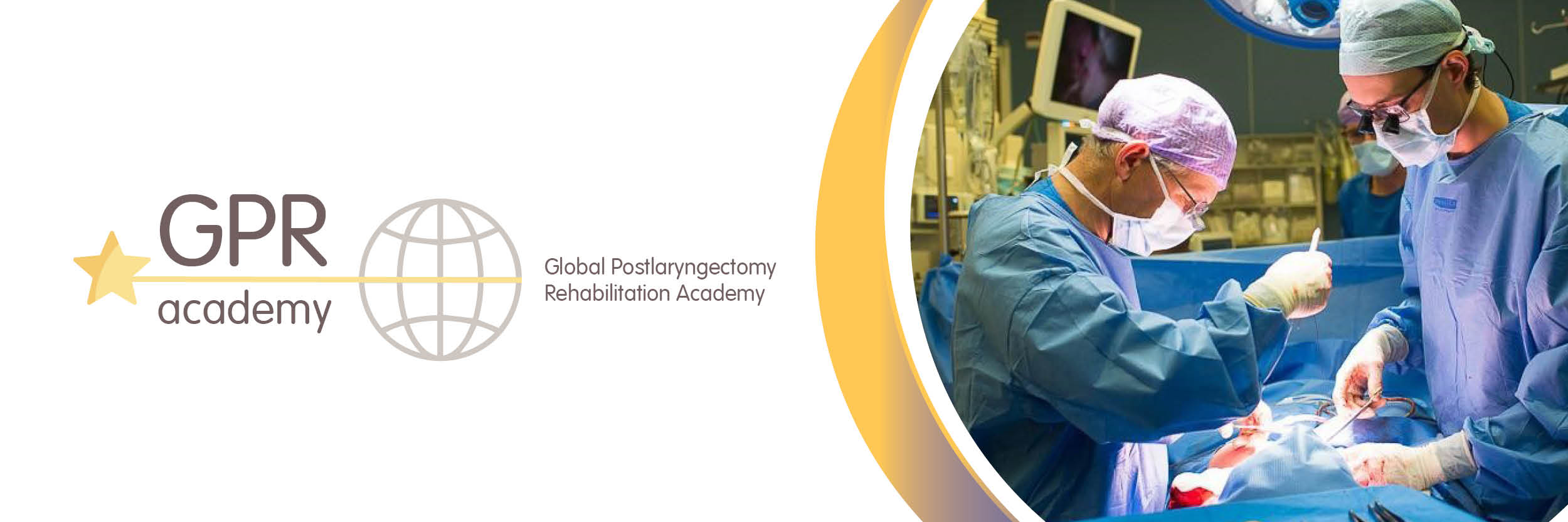 Global Postlaryngectomy Rehabilitation Academy Logo und zwei Ärzte am OP-Tisch